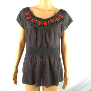Anthropologie Charcoal Blouse with Red Accents
